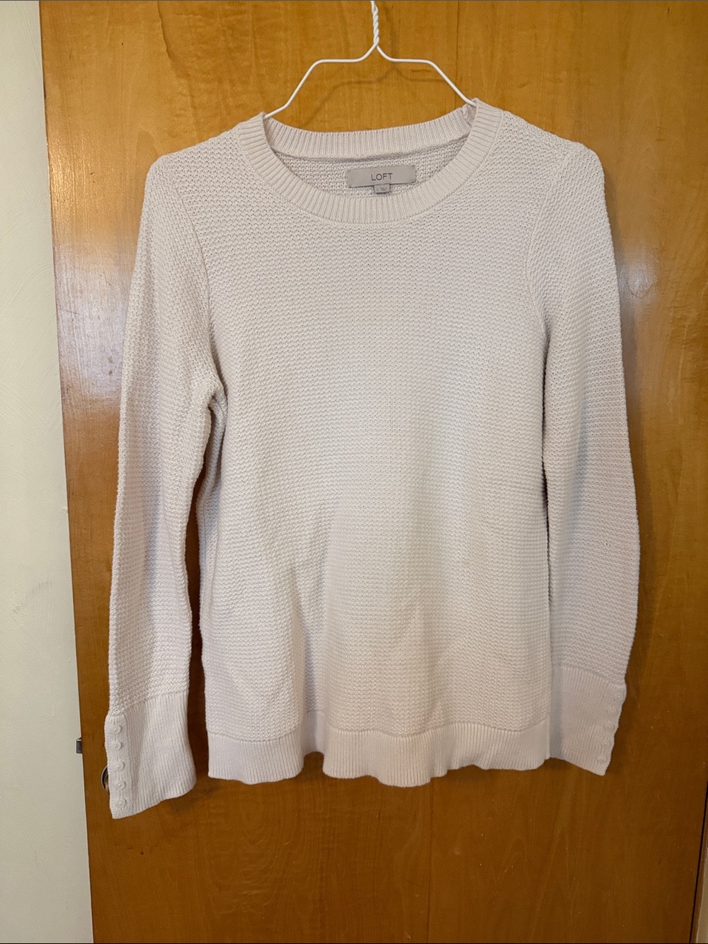 LOFT Cream Crewneck Knit Sweater with Button Cuffs